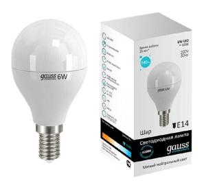 Лампа LED GAUSS Elementary 6W/Е14/4100K шар LD53126