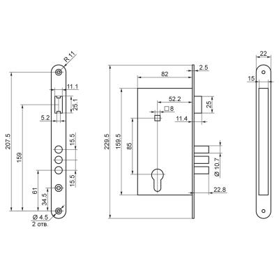 Замок врезной ПРОСАМ 4-3 Медный антик