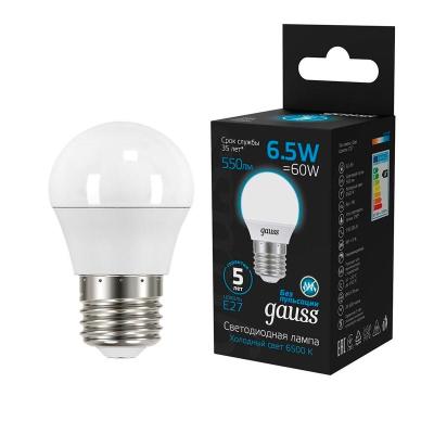 Лампа LED GAUSS 6,5W/E27/6500K шар 105102307