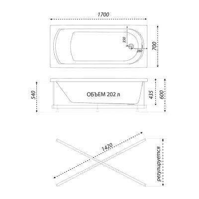 Ванна акриловая 1ACREAL Дюна экран 170*70 см